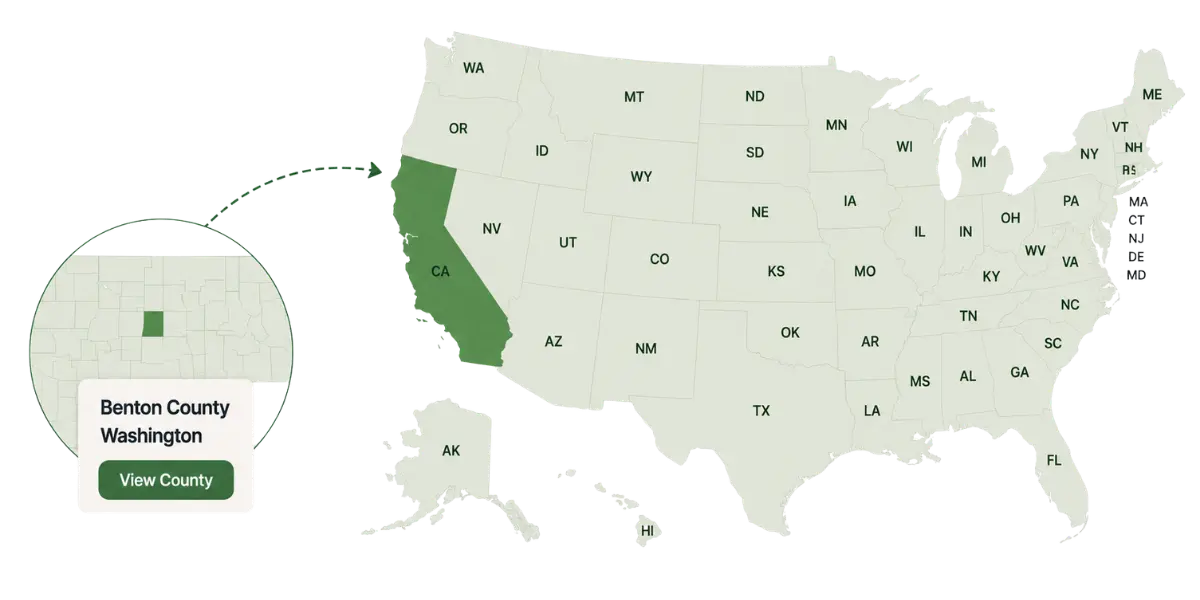 United States map with California highlighted and Benton County, Washington selected