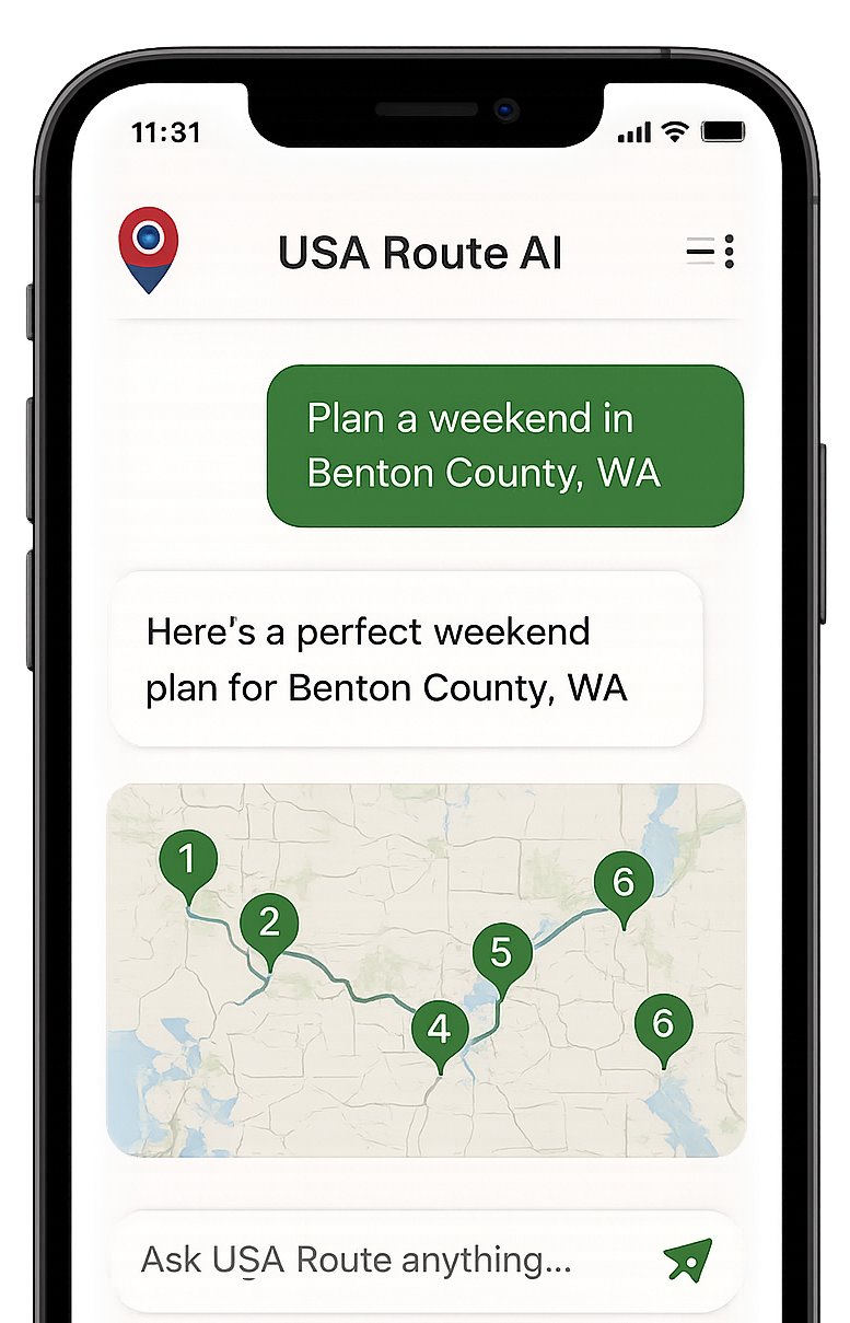 USA Route AI chat planning a weekend in Benton County, WA